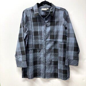 Habitat Casual Tunic Top, Size Small, Blue Gray Plaid Texture 3/4 Sleeve Buttons